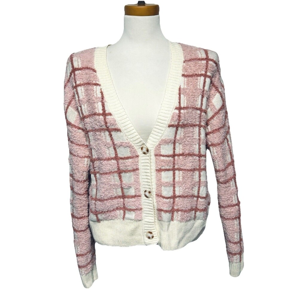 LC Lauren Conrad Women's L Pink / Cream Plaid Soft Plushy Cardigan Sweater